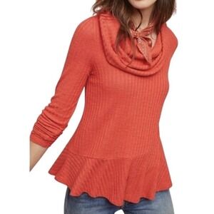 Anthropologie Women's M Maeve Addie Ruffled Hacci Pullover Cowl Neck Orange Cozy